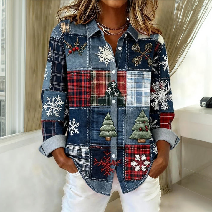 Ambre | Chemisier de Noël Femme Décontracté en Patchwork avec Détails Brodés