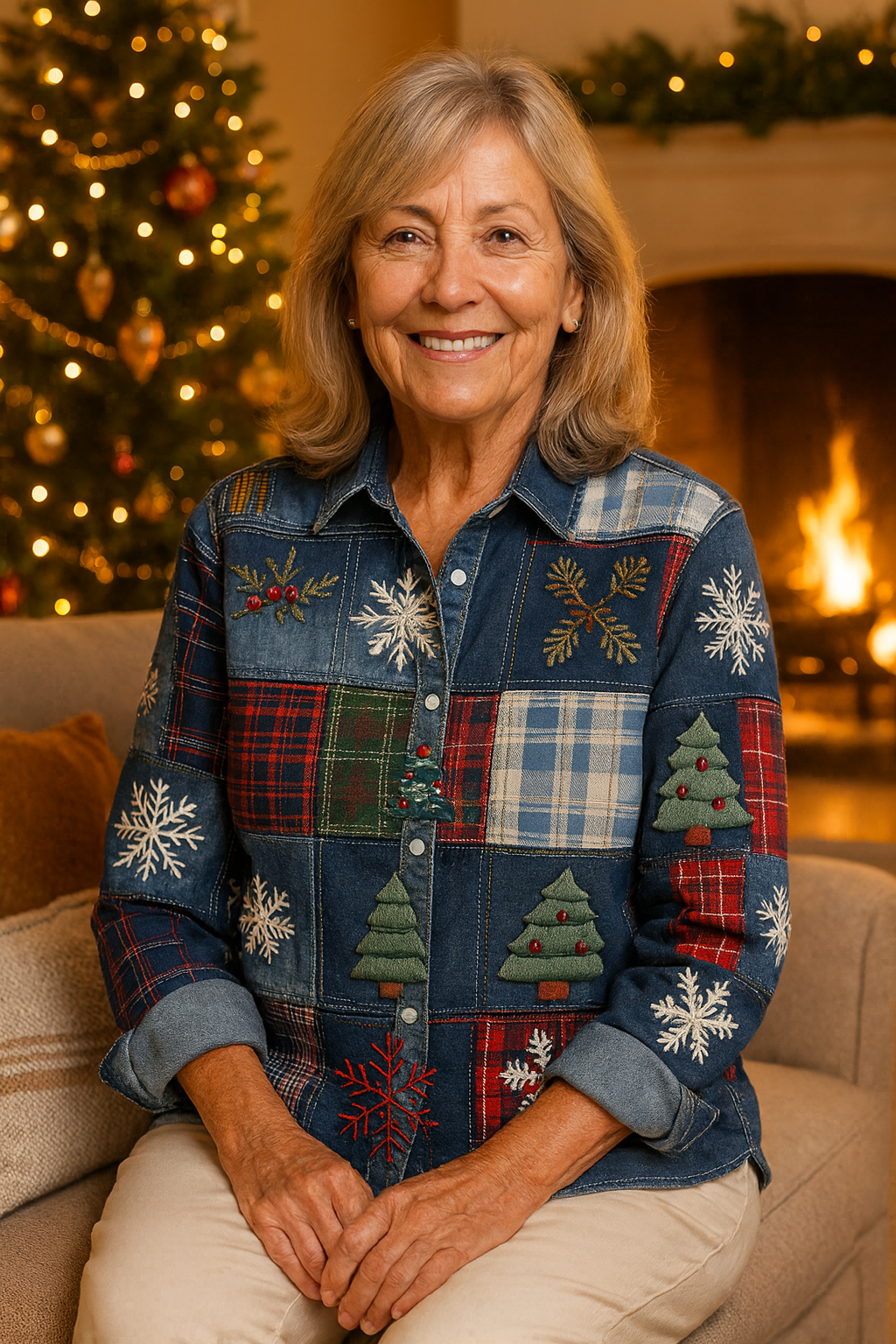 Ambre | Chemisier de Noël Femme Décontracté en Patchwork avec Détails Brodés