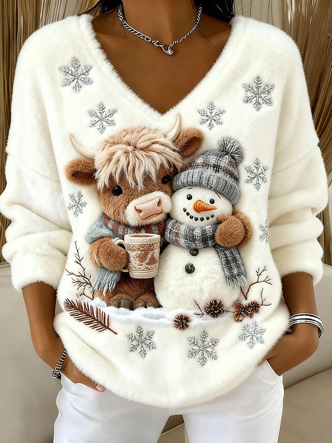Joséphine | Pull Hiver Festif avec Bonhomme de Neige et Col en V