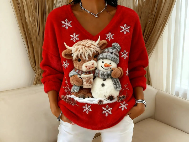Joséphine | Pull Hiver Festif avec Bonhomme de Neige et Col en V