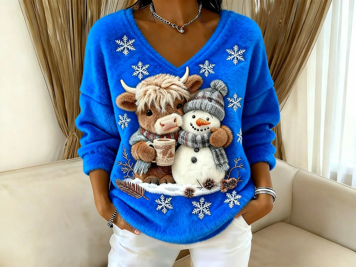 Joséphine | Pull Hiver Festif avec Bonhomme de Neige et Col en V