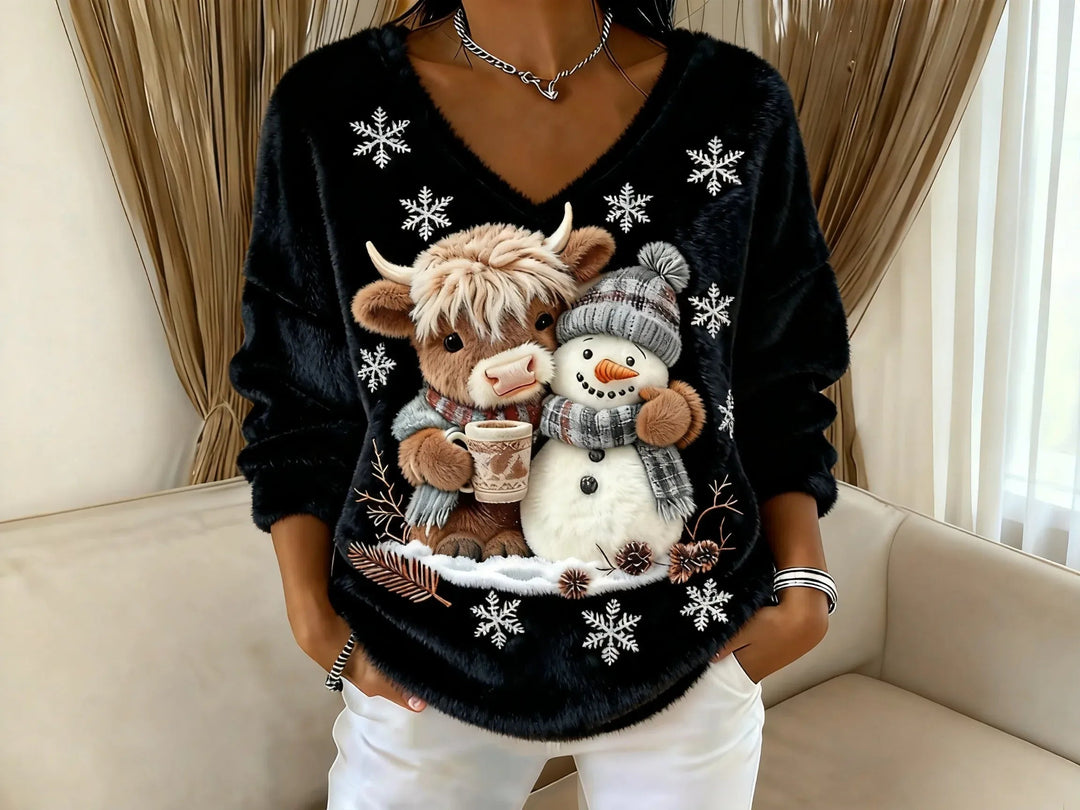 Joséphine | Pull Hiver Festif avec Bonhomme de Neige et Col en V