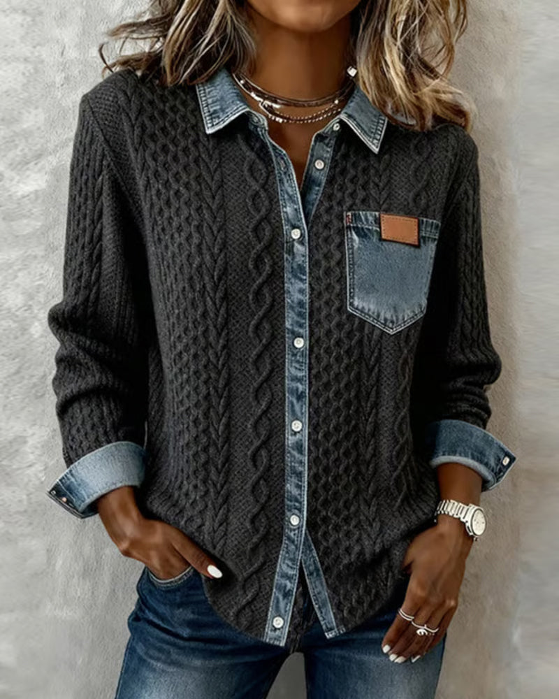 Jade | Chemisier Femme Chic à Manches Longues avec Détails en Denim