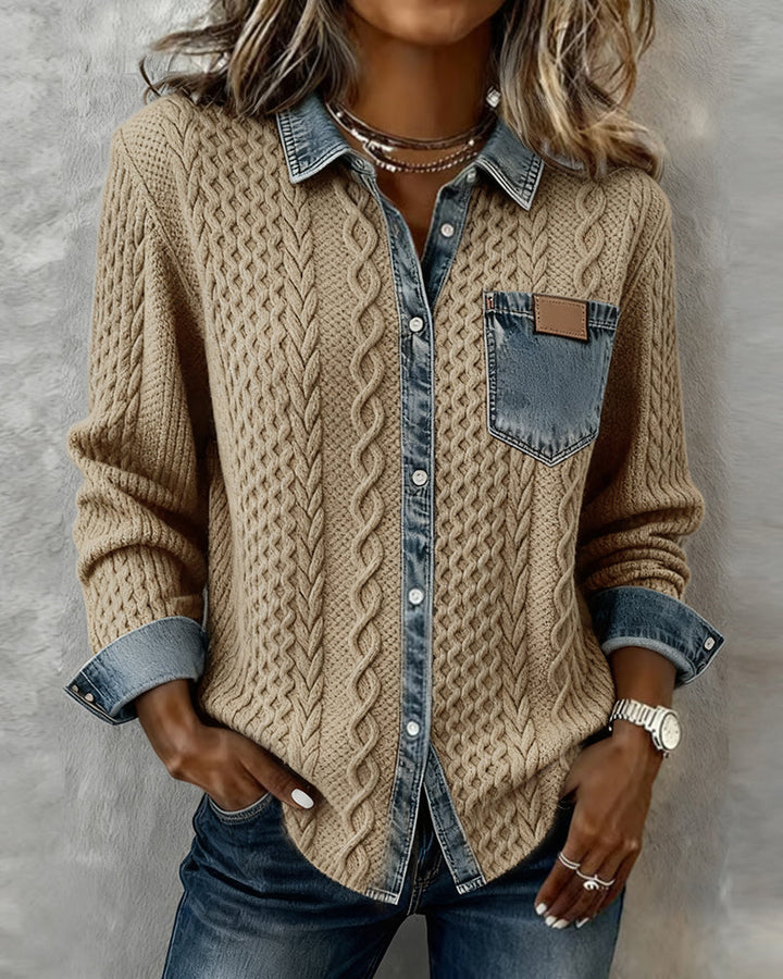 Jade | Chemisier Femme Chic à Manches Longues avec Détails en Denim