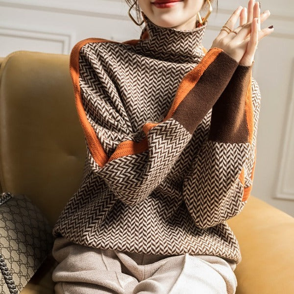 Aimée | Pull Col Montant Femme avec Rayures Contrastées