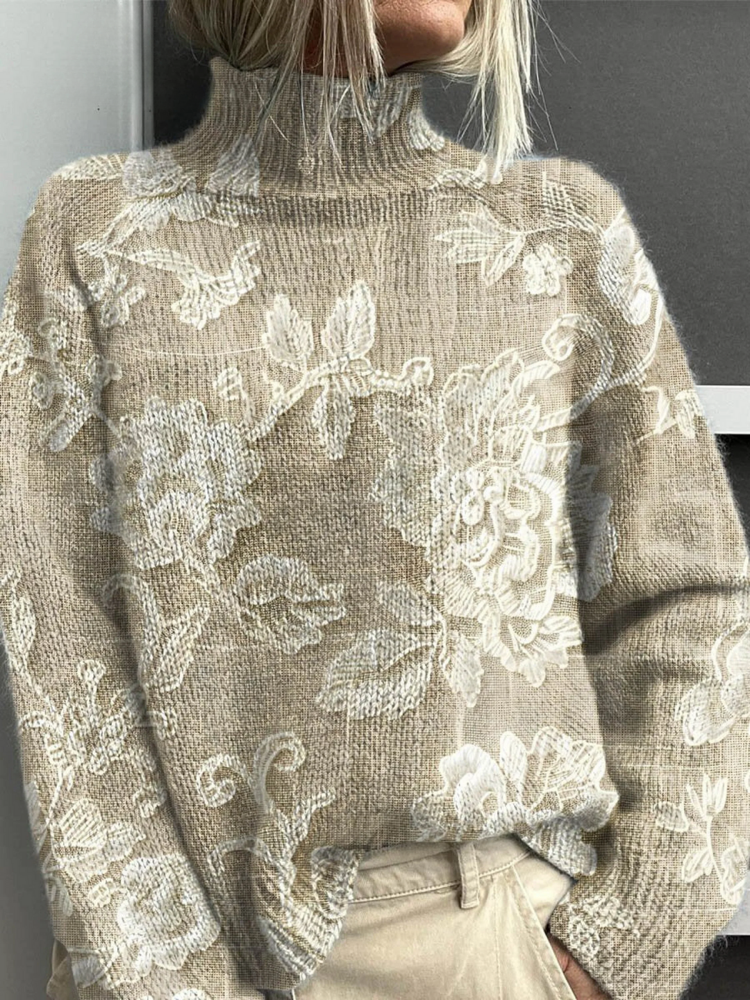 Dina | Pull Col Roulé Floral Vintage Femme