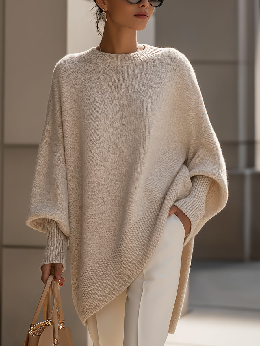 Anaïs | Pull en Laine Mélangée Oversize Femme avec Encolure Arrondie et Ourlet Asymétrique