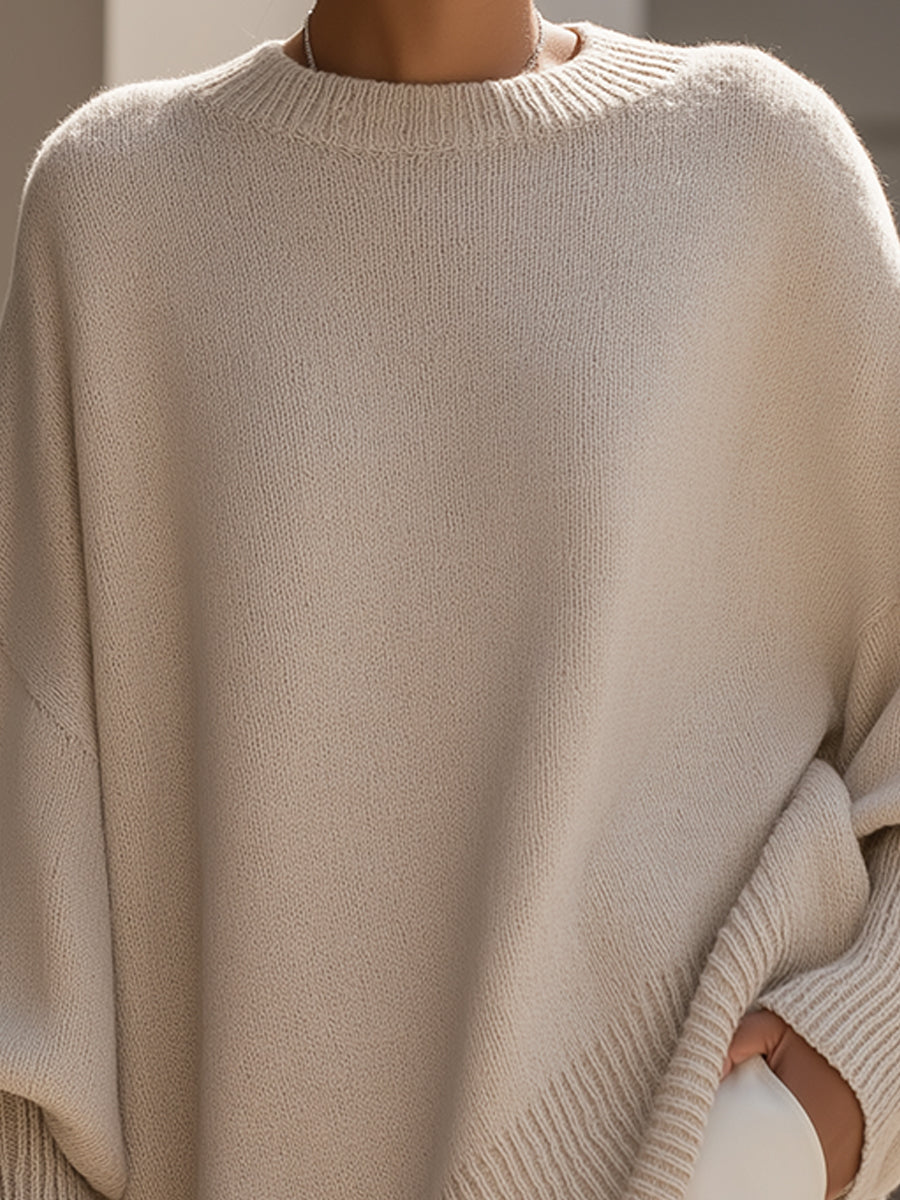 Anaïs | Pull en Laine Mélangée Oversize Femme avec Encolure Arrondie et Ourlet Asymétrique