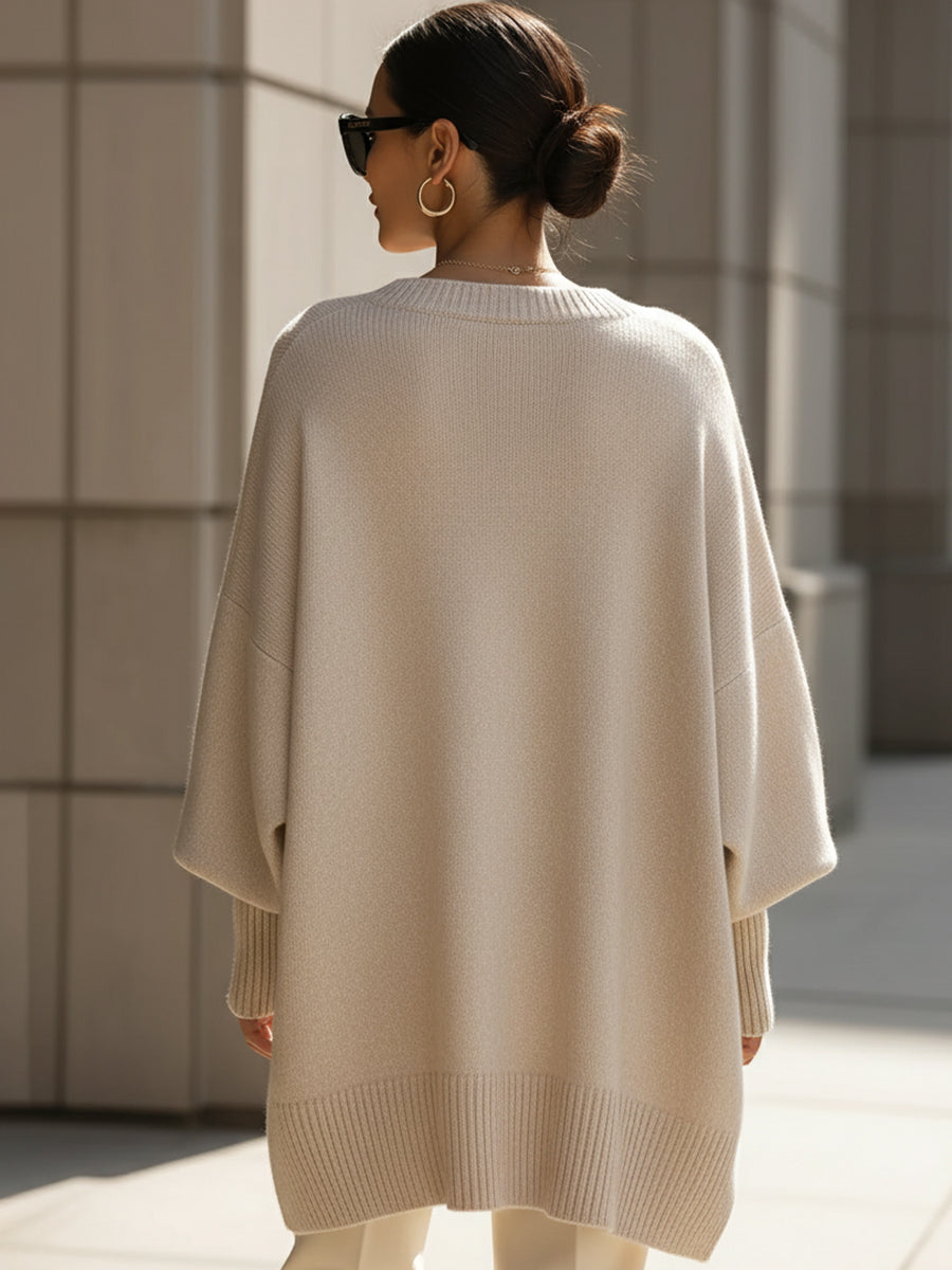 Anaïs | Pull en Laine Mélangée Oversize Femme avec Encolure Arrondie et Ourlet Asymétrique