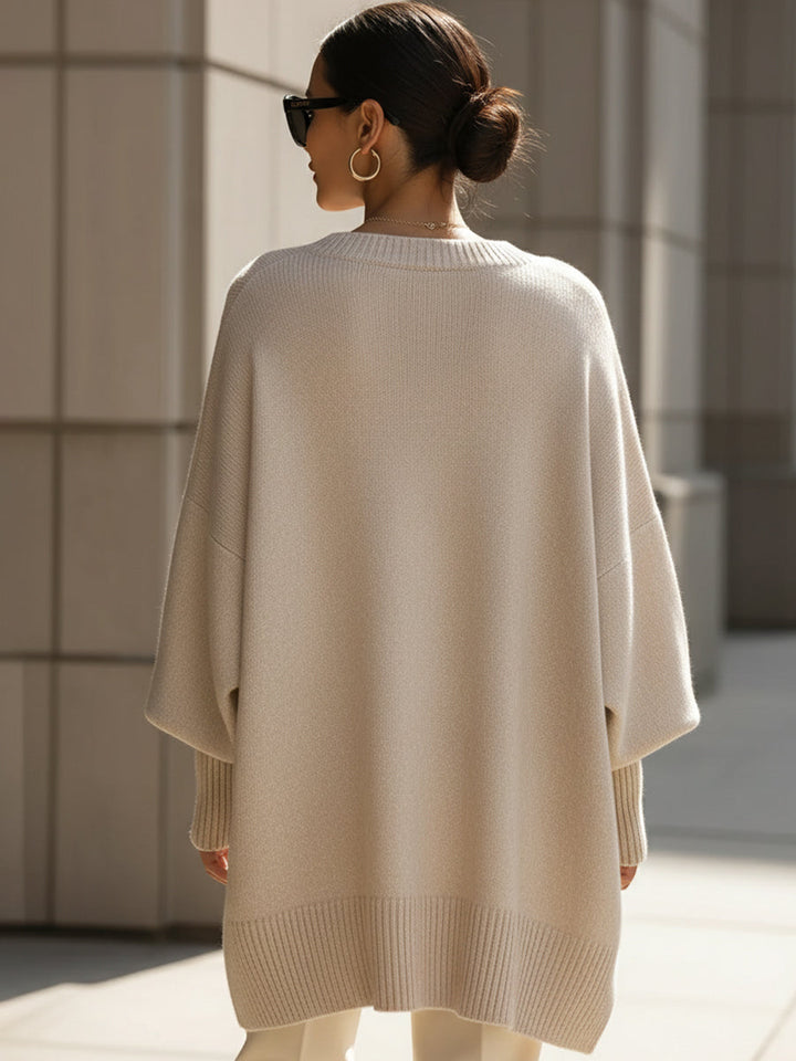 Anaïs | Pull en Laine Mélangée Oversize Femme avec Encolure Arrondie et Ourlet Asymétrique
