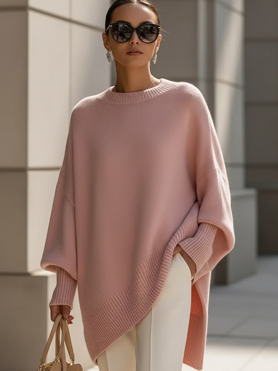 Anaïs | Pull en Laine Mélangée Oversize Femme avec Encolure Arrondie et Ourlet Asymétrique