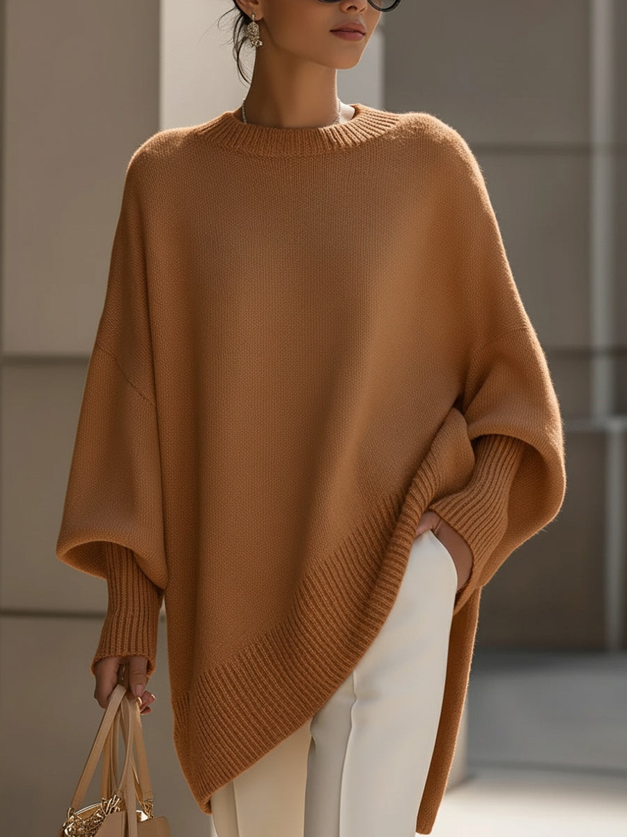 Anaïs | Pull en Laine Mélangée Oversize Femme avec Encolure Arrondie et Ourlet Asymétrique