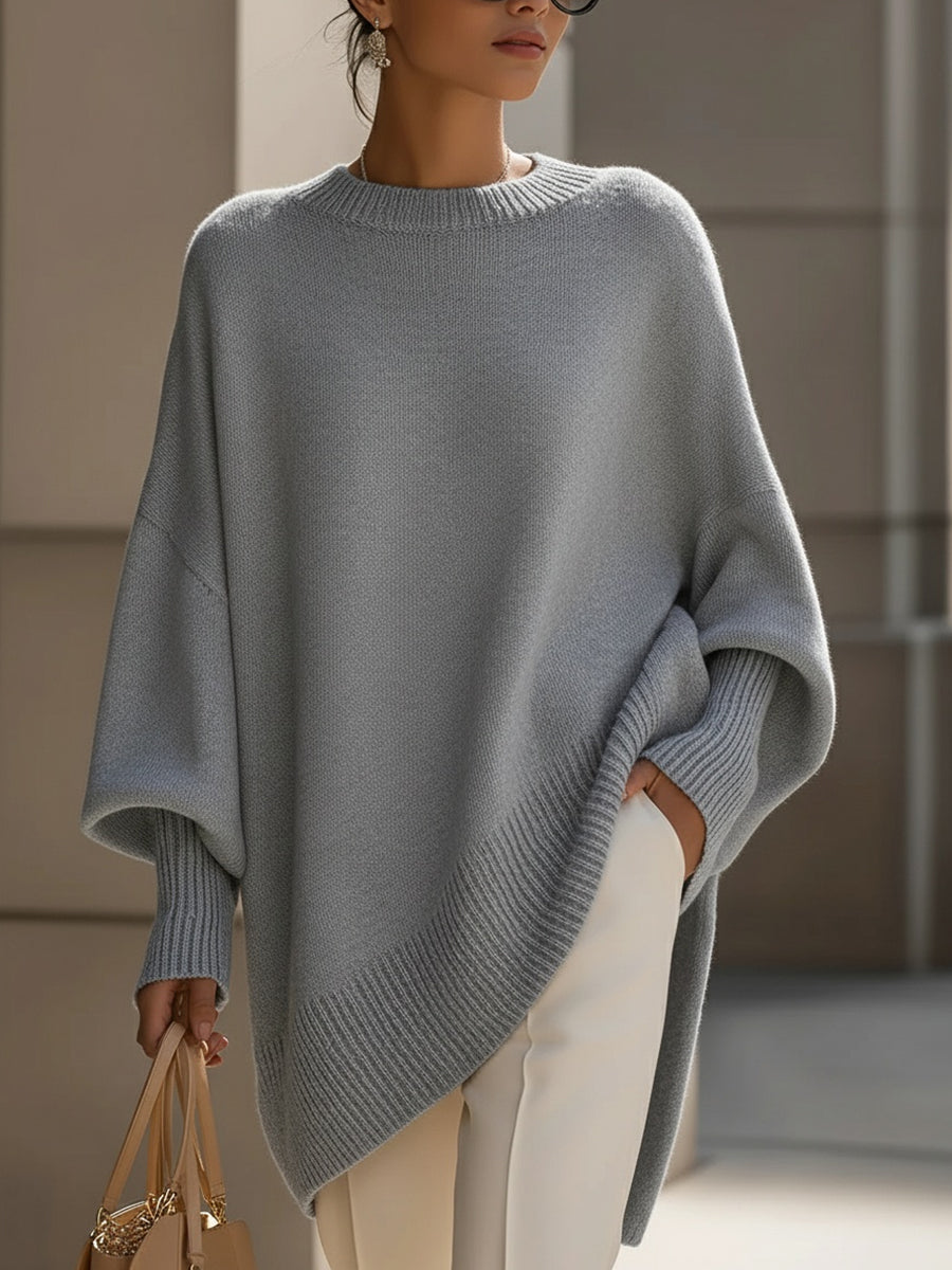 Anaïs | Pull en Laine Mélangée Oversize Femme avec Encolure Arrondie et Ourlet Asymétrique