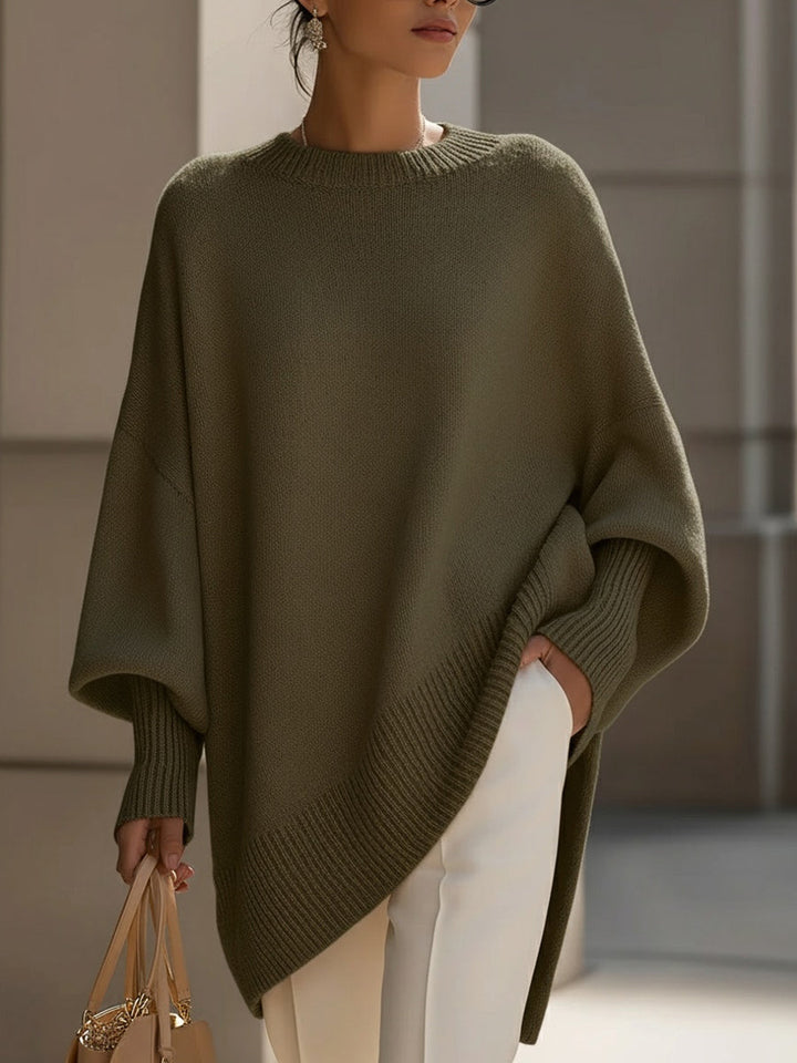 Anaïs | Pull en Laine Mélangée Oversize Femme avec Encolure Arrondie et Ourlet Asymétrique