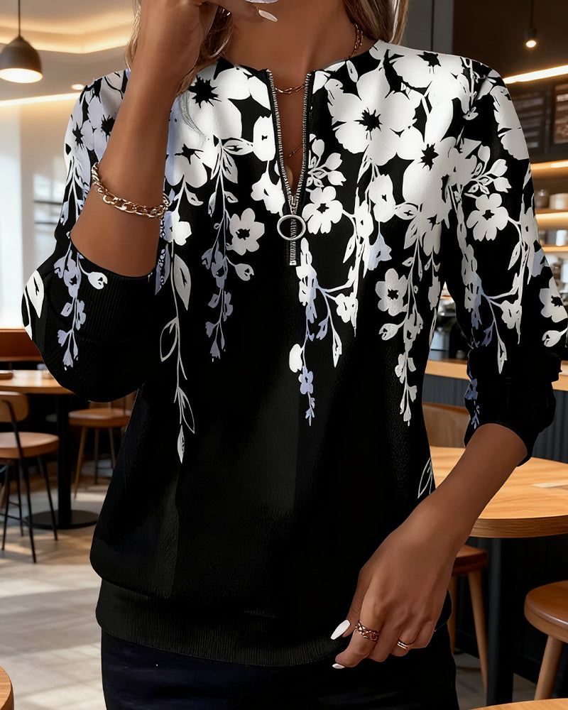 Flora | Sweatshirt Zippé Femme Floral à Demi-Zip