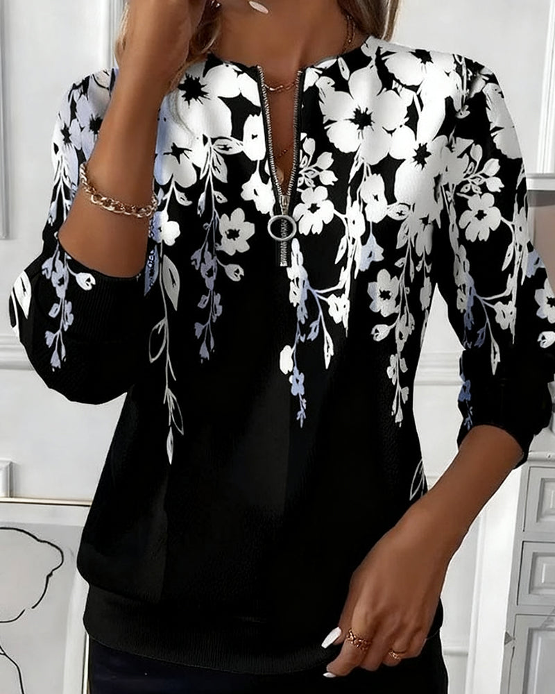 Flora | Sweatshirt Zippé Femme Floral à Demi-Zip
